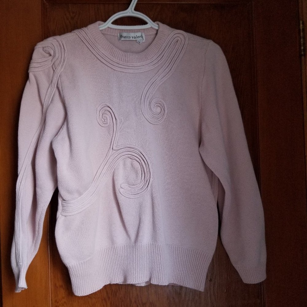 Designer art sweater, front, shoulder, arm, S, vintage 90s, pink, Franco Valeri